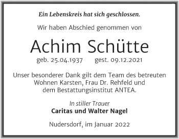 Traueranzeige von Achim Schütte von Trauerkombi Wittenberg