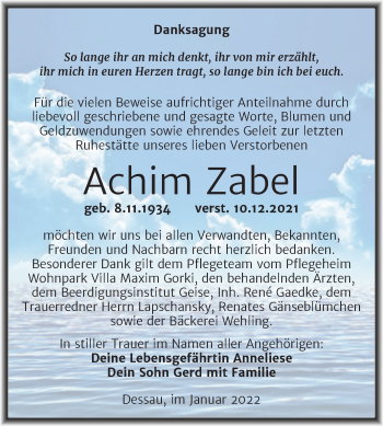 Traueranzeige von Achim Zabel von Trauerkombi Dessau