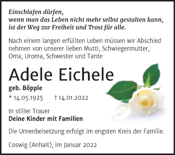 Traueranzeige von Adele Eichele von Trauerkombi Wittenberg