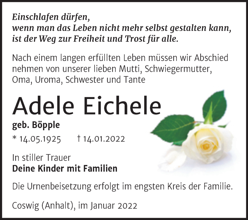  Traueranzeige für Adele Eichele vom 22.01.2022 aus Trauerkombi Wittenberg