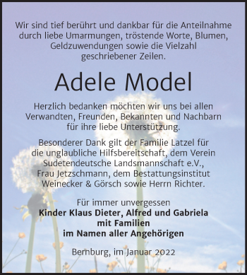 Traueranzeige von Adele Model von Trauerkombi Bernburg