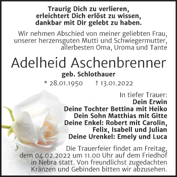 Traueranzeige von Adelheid Aschenbrenner von Naumburger Tageblatt