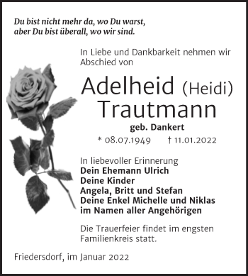 Traueranzeige von Adelheid Trautmann von Trauerkombi Bitterfeld
