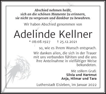 Traueranzeige von Adelinde Kellner von Trauerkombi Mansfelder Land