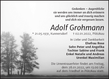 Traueranzeige von Adolf Grohmann von Trauerkombi Bernburg