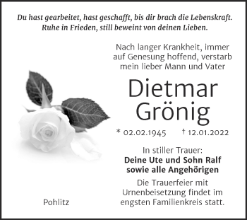 Traueranzeige von Dietmar Grönig von Wochenspiegel Naumburg/Nebra