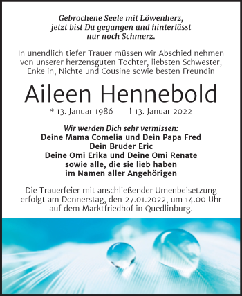 Traueranzeige von Aileen Hennebold von Trauerkombi Quedlinburg