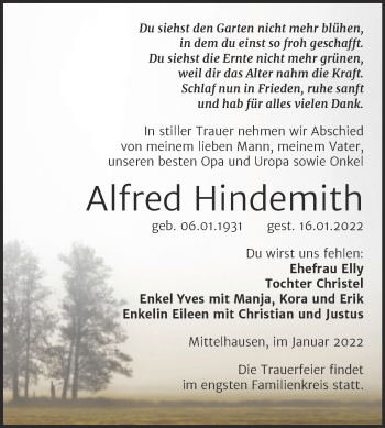 Traueranzeige von Alfred Hindemith von Mitteldeutsche Zeitung Sangerhausen
