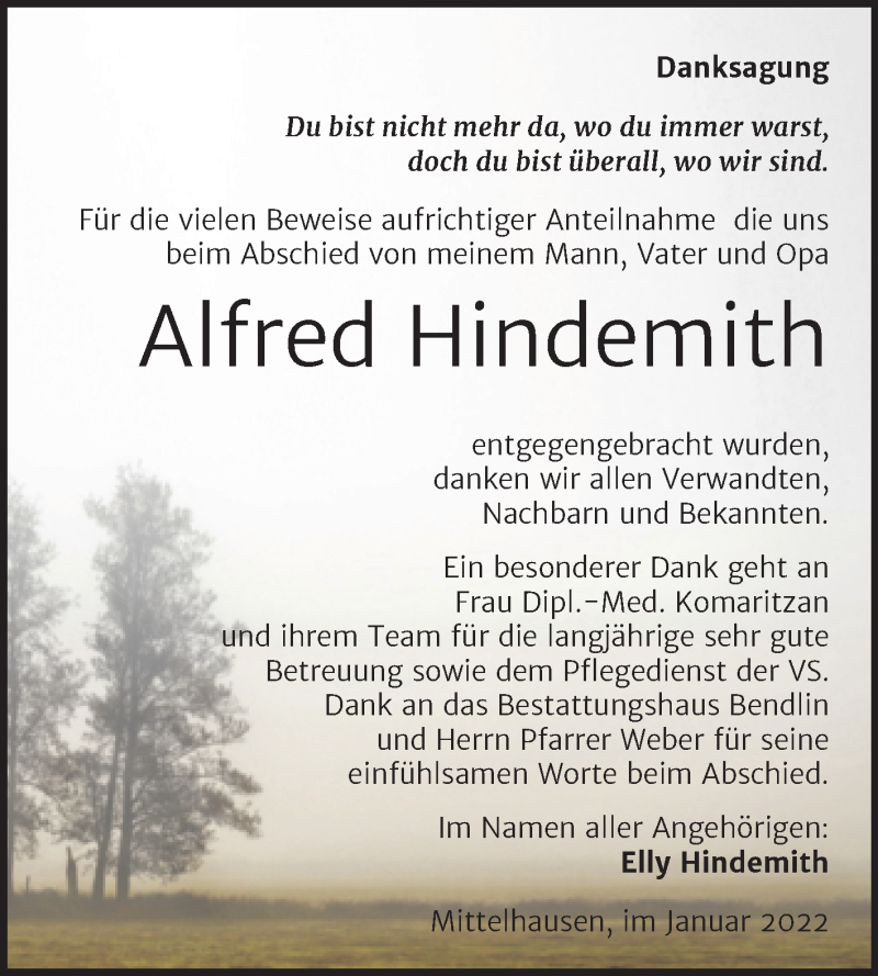  Traueranzeige für Alfred Hindemith vom 29.01.2022 aus Trauerkombi Sangerhausen