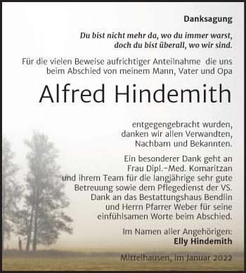 Traueranzeige von Alfred Hindemith von Trauerkombi Sangerhausen