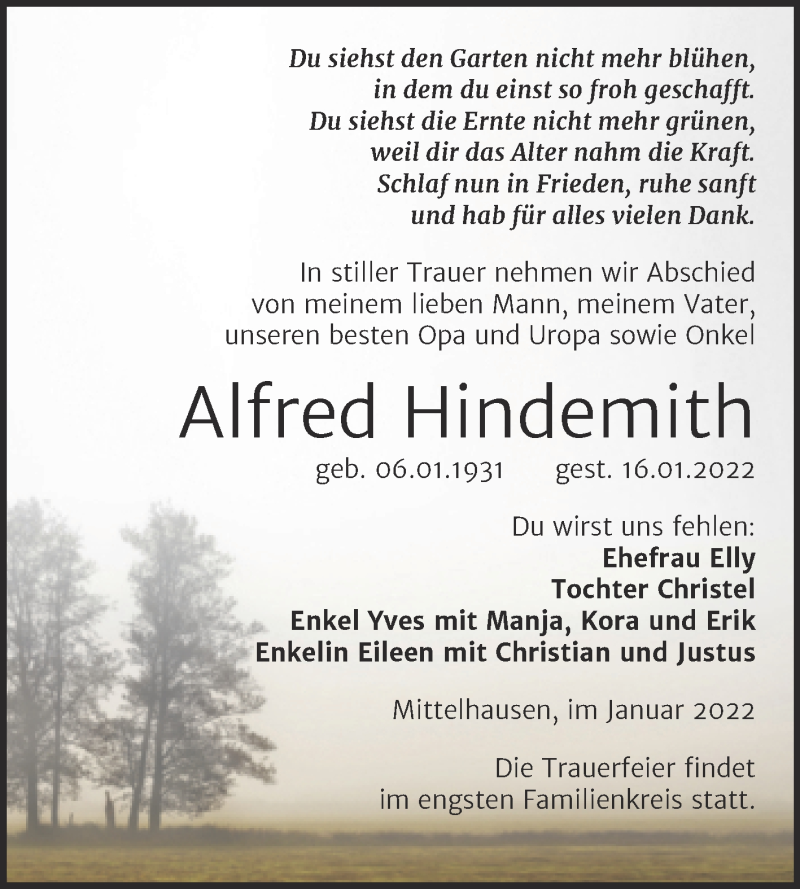  Traueranzeige für Alfred Hindemith vom 19.01.2022 aus Mitteldeutsche Zeitung Sangerhausen
