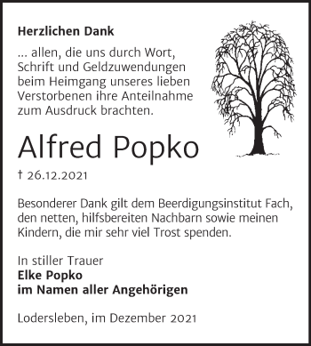 Traueranzeige von Alfred Popko von Trauerkombi Merseburg