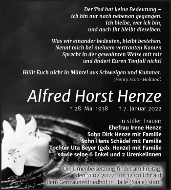 Traueranzeige von Alfred Horst Henze von Mitteldeutsche Zeitung Halle/Saalkreis