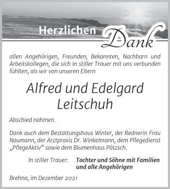 Traueranzeige von Alfred und Edelgard Leitschuh von Trauerkombi Bitterfeld