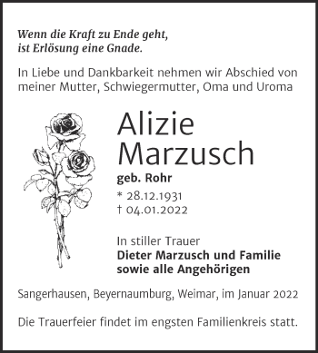 Traueranzeige von Alizie Marzusch von Trauerkombi Sangerhausen