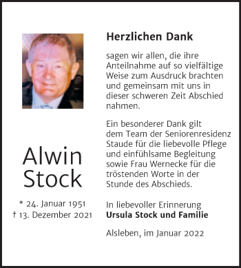 Traueranzeige von Alwin Stock von Trauerkombi Bernburg