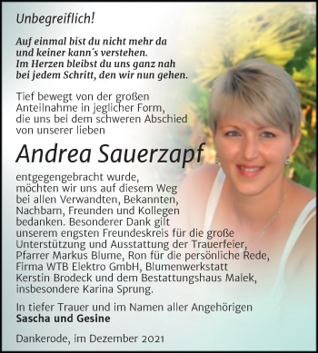 Traueranzeige von Andrea Sauerzapf von Trauerkombi Quedlinburg