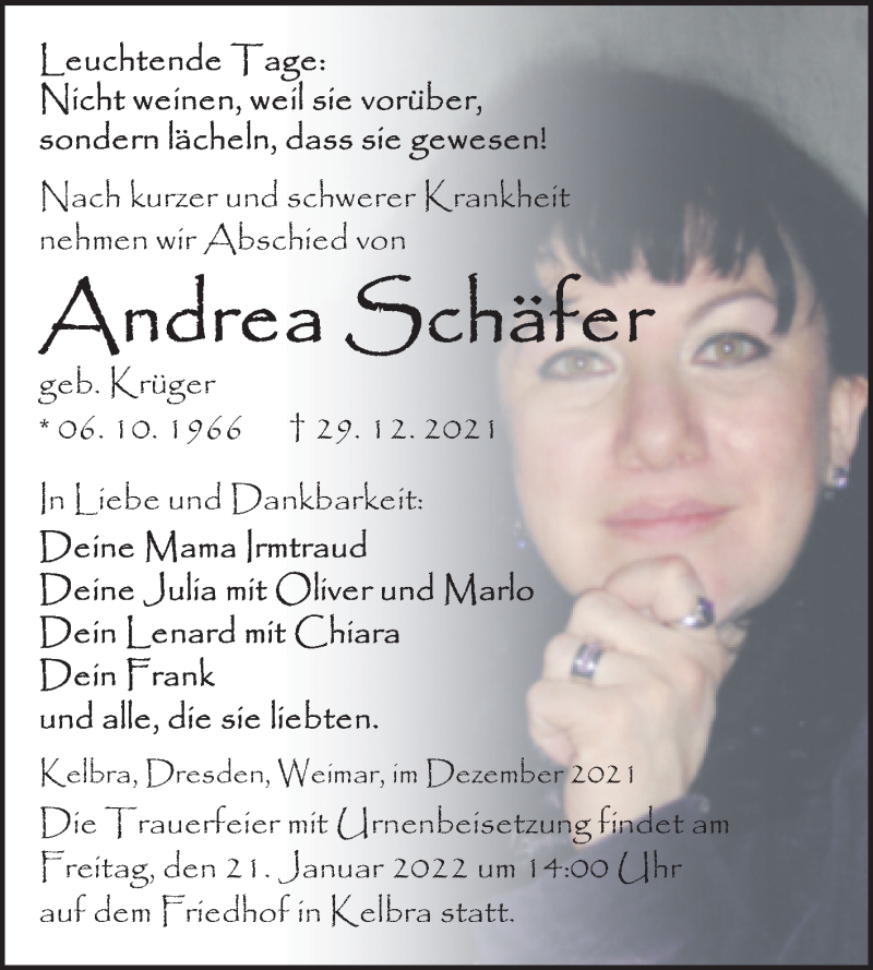  Traueranzeige für Andrea Schäfer vom 12.01.2022 aus Mitteldeutsche Zeitung Sangerhausen