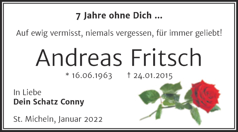  Traueranzeige für Andreas Fritsch vom 22.01.2022 aus Trauerkombi Merseburg