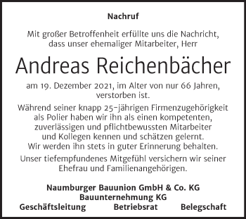 Traueranzeige von Andreas Reichenbächer von Naumburger Tageblatt