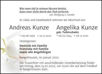 Traueranzeige von Andreas und Angelika Kunze von Trauerkombi Sangerhausen