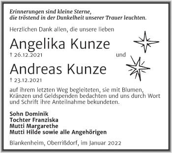 Traueranzeige von Angelika und Andreas Kunze von Trauerkombi Mansfelder Land