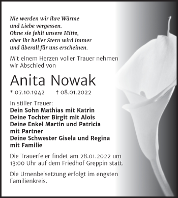 Traueranzeige von Anita Nowak von Trauerkombi Bitterfeld