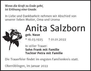 Traueranzeige von Anita Salzborn von Trauerkombi Sangerhausen