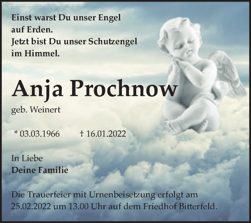  Traueranzeige für Anja Prochnow vom 22.01.2022 aus Trauerkombi Bitterfeld