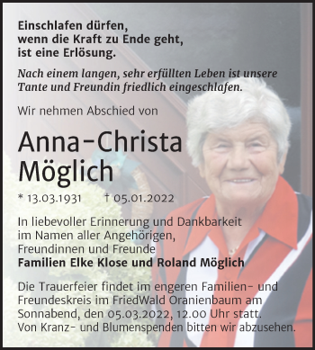 Traueranzeige von Anna-Christa Möglich von Trauerkombi Wittenberg