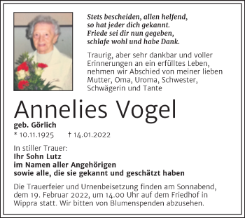 Traueranzeige von Annelies Vogel von Trauerkombi Mansfelder Land