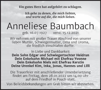 Traueranzeige von Anneliese Baumbach von Trauerkombi Bitterfeld