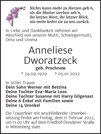 Traueranzeige von Anneliese Dworatzeck von Trauerkombi Wittenberg
