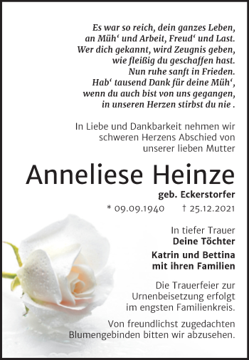 Traueranzeige von Anneliese Heinze von Trauerkombi Bernburg
