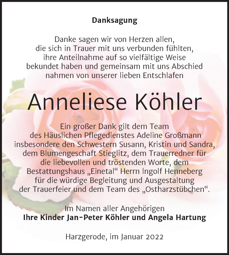  Traueranzeige für Anneliese Köhler vom 29.01.2022 aus Trauerkombi Quedlinburg