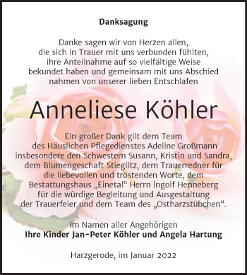 Traueranzeige von Anneliese Köhler von Trauerkombi Quedlinburg