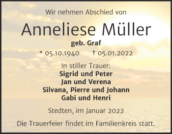 Traueranzeige von Anneliese Müller von Trauerkombi Mansfelder Land