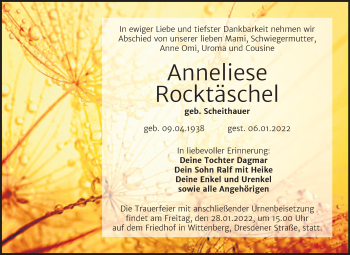 Traueranzeige von Anneliese Rocktäschel von Trauerkombi Wittenberg