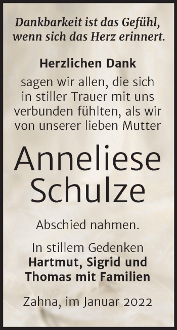 Traueranzeige von Anneliese Schulze von Trauerkombi Wittenberg