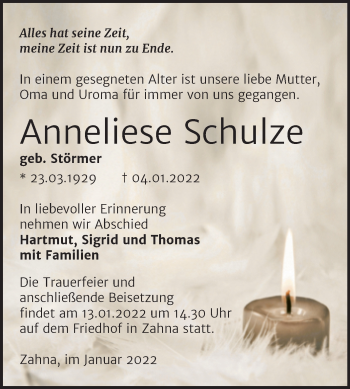Traueranzeige von Anneliese Schulze von Trauerkombi Wittenberg
