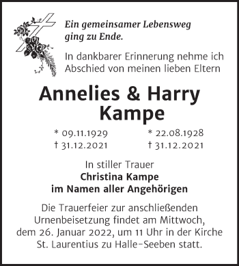 Traueranzeige von Annelies und Harry Kampe von Mitteldeutsche Zeitung Halle/Saalkreis