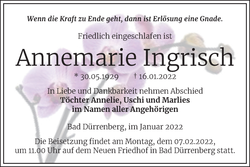 Traueranzeige für Annemarie Ingrisch vom 22.01.2022 aus Mitteldeutsche Zeitung Merseburg/Querfurt