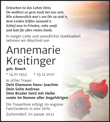 Traueranzeige von Annemarie Kreitinger von Trauerkombi Bitterfeld