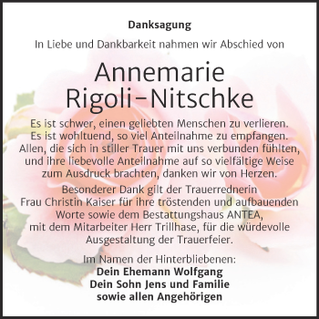 Traueranzeige von Annemarie Rigoli-Nitschke von Trauerkombi Dessau