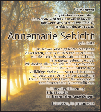 Traueranzeige von Annemarie Sebicht von Trauerkombi Sangerhausen