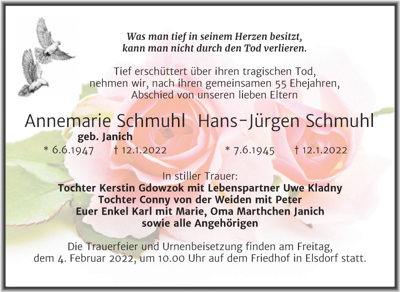  Traueranzeige für Annemarie und Hans-Jürgen Schmuhl vom 29.01.2022 aus Trauerkombi Köthen