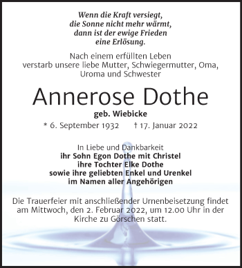 Traueranzeige von Annerose Dothe von Wochenspiegel Naumburg/Nebra