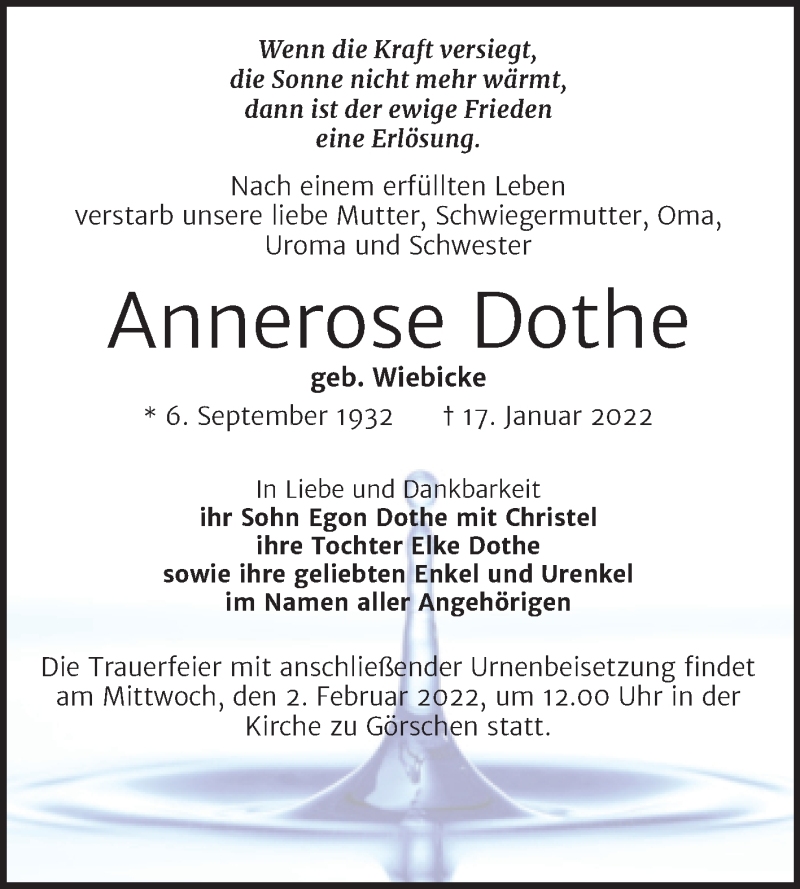  Traueranzeige für Annerose Dothe vom 26.01.2022 aus Trauerkombi Weißenfels