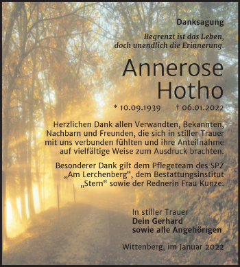 Traueranzeige von Annerose Hotho von Trauerkombi Wittenberg