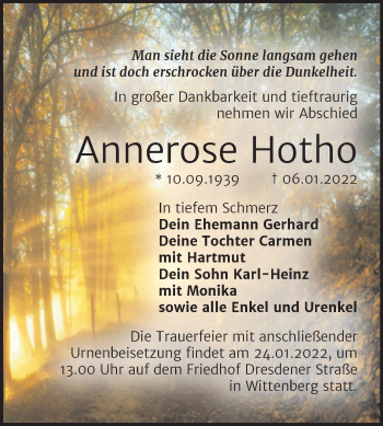 Traueranzeige von Annerose Hotho von Trauerkombi Wittenberg